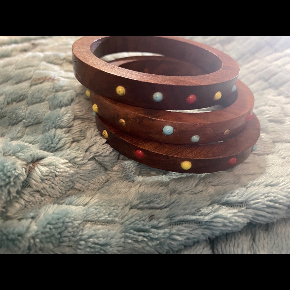 Vintage Wooden Rainbow Dot Boho Bangle Set